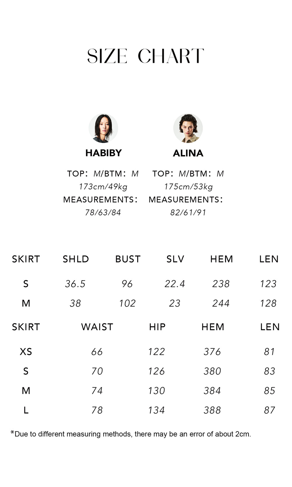 Size chart for Japanese Silk Blend Taffeta Dress & Skirt