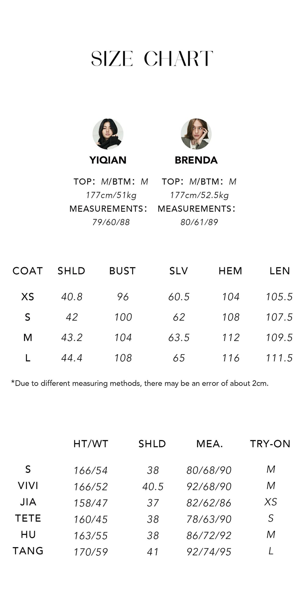 Size chart for Italian ANGELICO 100% Wool Long Coat