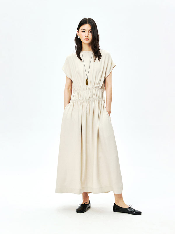 Japanese Acetate Midi Dress | Shirred Elastic Waist | Boat Neckline | Women Dress | MRS Studios
