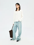 French Linen Yarn Knit Cover-Up | U-Neck Long Sleeve | Rolled Edge Finish | Women Top | MRS Studios