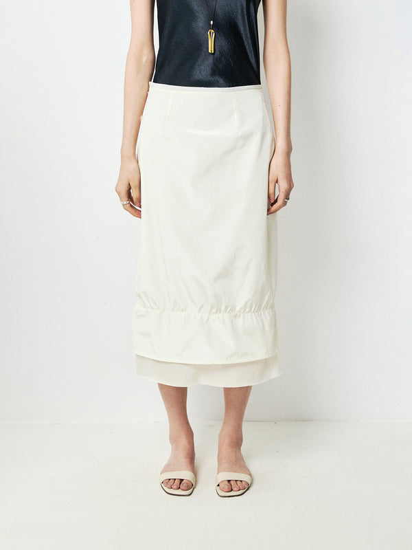 Silk-Sheen Cotton Blend Bud Skirt | Cupro-Panel Raw Edges | Shirred Ruffle Hem | Women Skirt | MRS Studios
