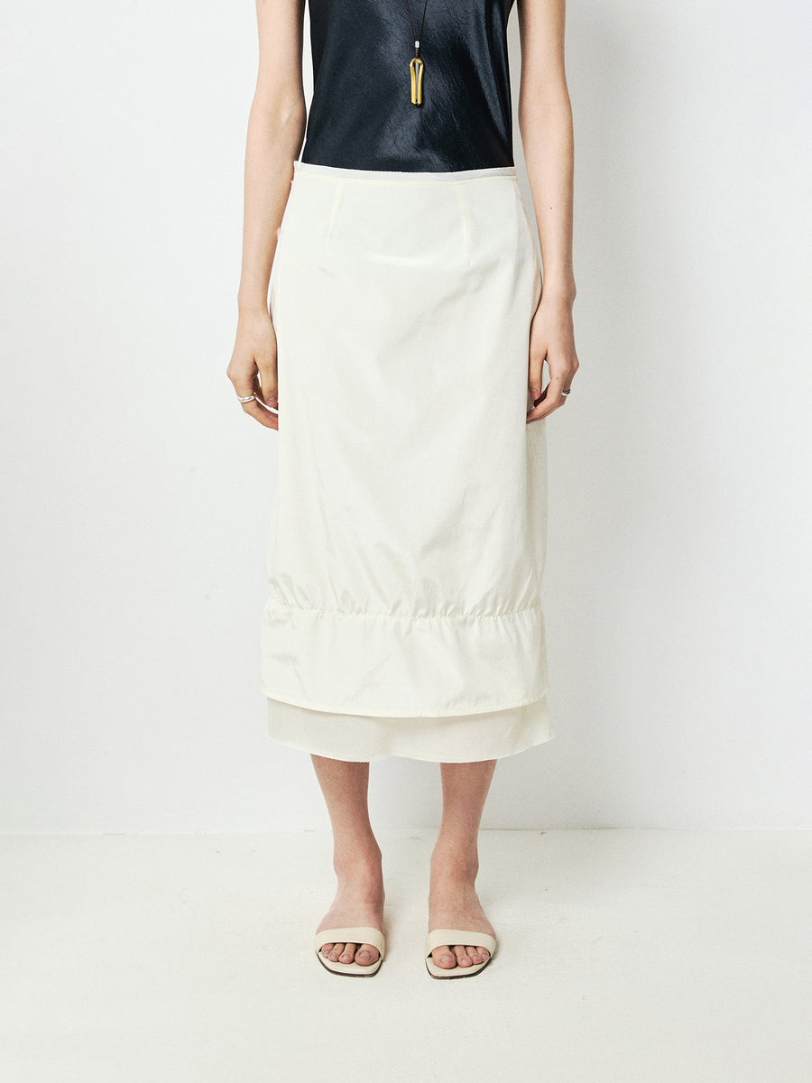 Silk-Sheen Cotton Blend Bud Skirt | Cupro-Panel Raw Edges | Shirred Ruffle Hem | Women Skirt | MRS Studios