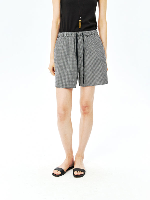 Japanese Cotton Linen Plaid Shorts | Drawstring Elastic Waist | A-Line Wide Leg | Women Bottoms | MRS Studios