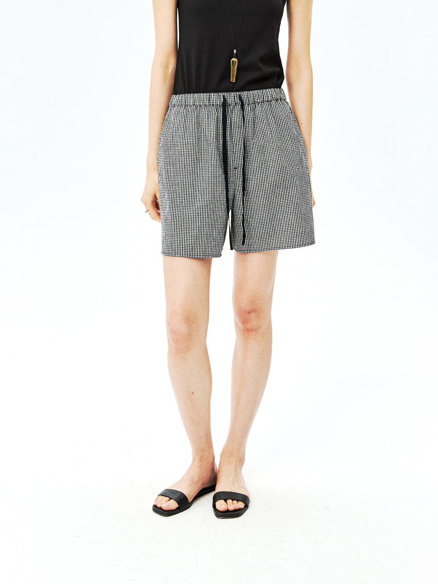 Japanese Cotton Linen Plaid Shorts | Drawstring Elastic Waist | A-Line Wide Leg | Women Bottoms | MRS Studios