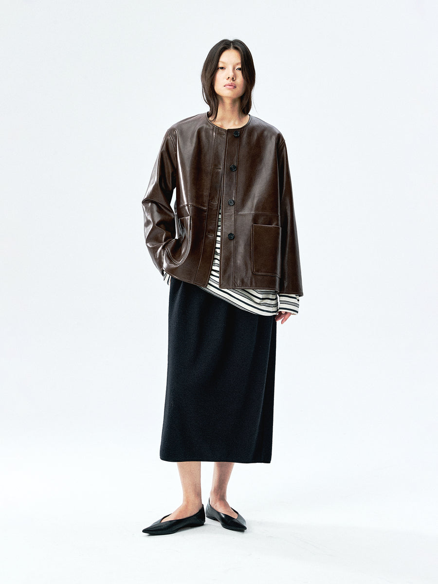 Spanish Lambskin Collarless Leather Jacket, view 3