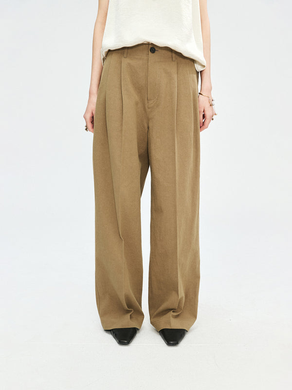 Pima Cotton Normandy Linen Pleated Trousers | Tailored Front Pleats | Single-Welt Back Pockets | Women Trousers | MRS Studios