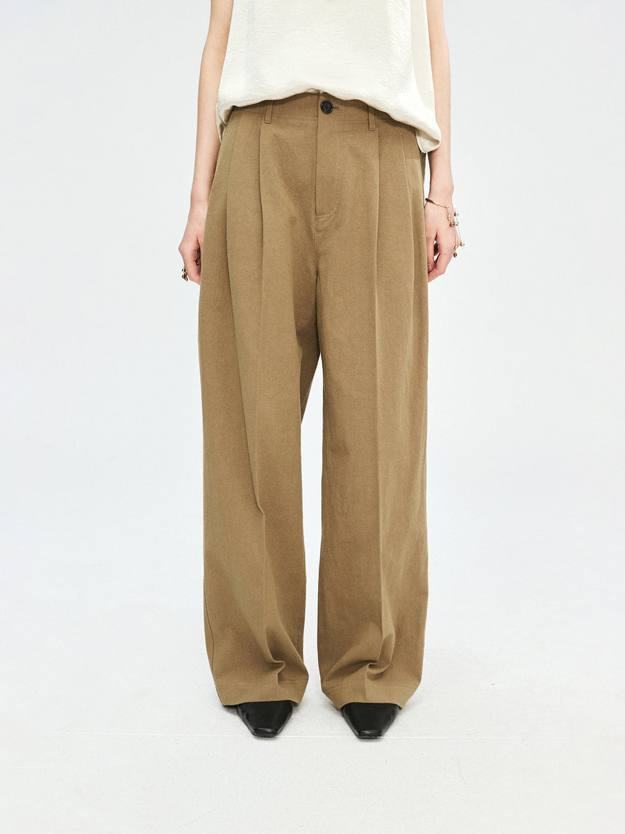 Pima Cotton Normandy Linen Pleated Trousers | Tailored Front Pleats | Single-Welt Back Pockets | Women Trousers | MRS Studios
