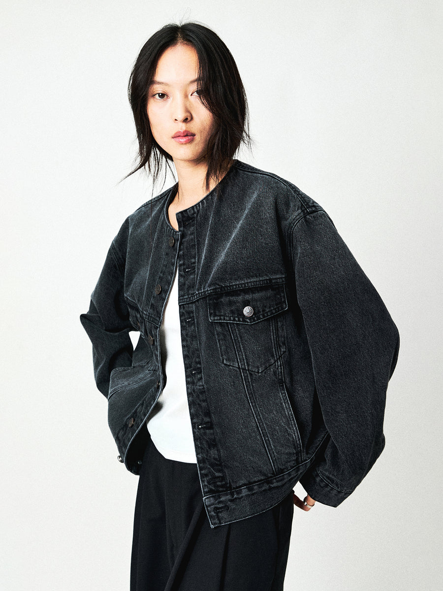 Washed Cotton Denim Collarless Jacket, view 11
