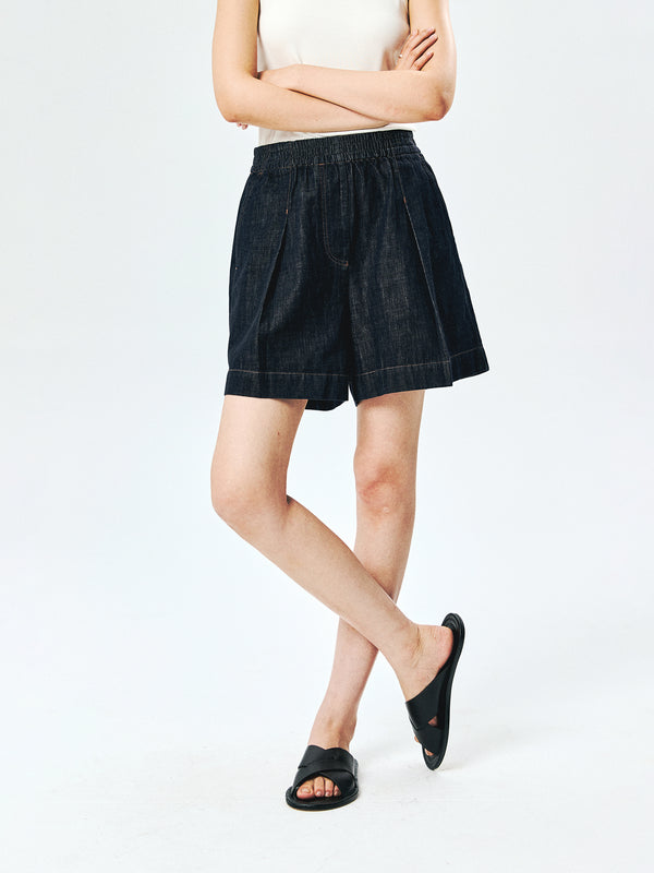 Cotton Denim Shorts | Non-Fade PowerBlue | Elastic Waist A-Line | Women Jeans | MRS Studios