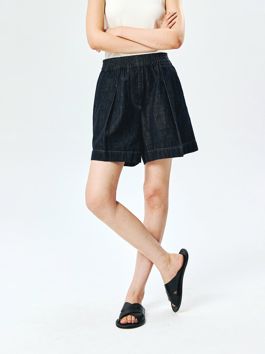 Cotton Denim Shorts | Non-Fade PowerBlue | Elastic Waist A-Line | Women Jeans | MRS Studios