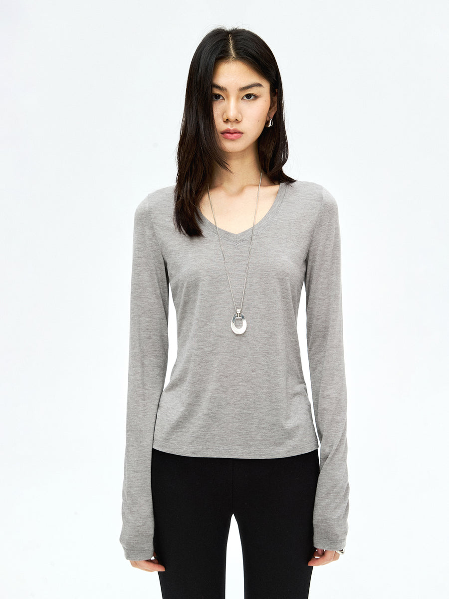 Soft-Touch V-Neck Long Sleeve T-Shirt | Second-Skin Base Layer | Close Fitted Silhouette | Women Top | MRS Studios