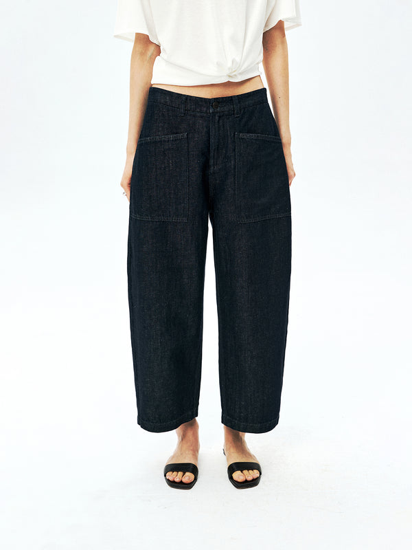 Linen Cotton Denim Cropped Jeans | Twin Patch Pockets | Tapered Cocoon Fit | Women Jeans | MRS Studios