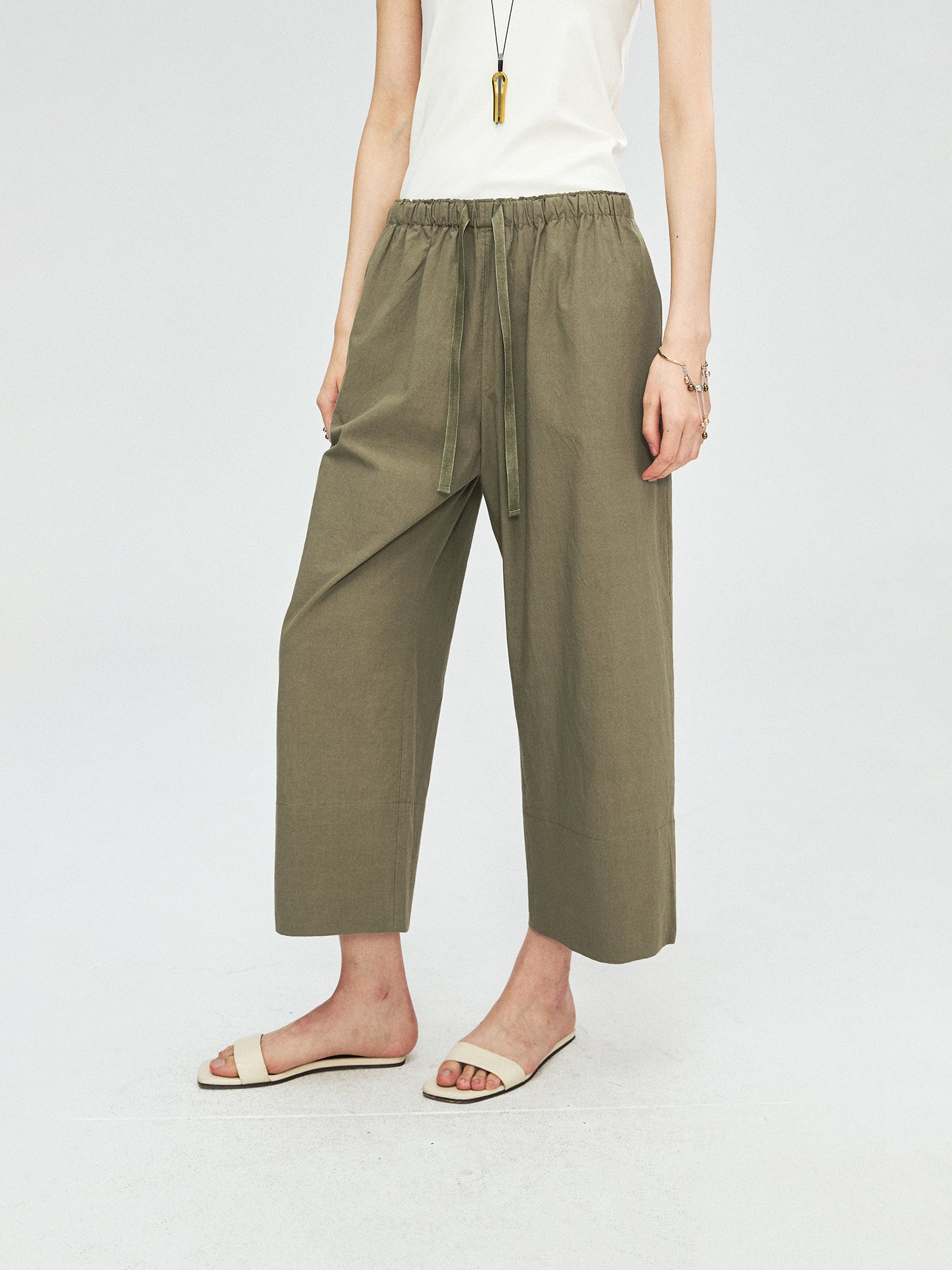 American Pima Salt-Shrunk Wide-Leg Pants | Drawstring Elastic Waist | Cropped Wide-Leg Cut | Women Trousers | MRS Studios