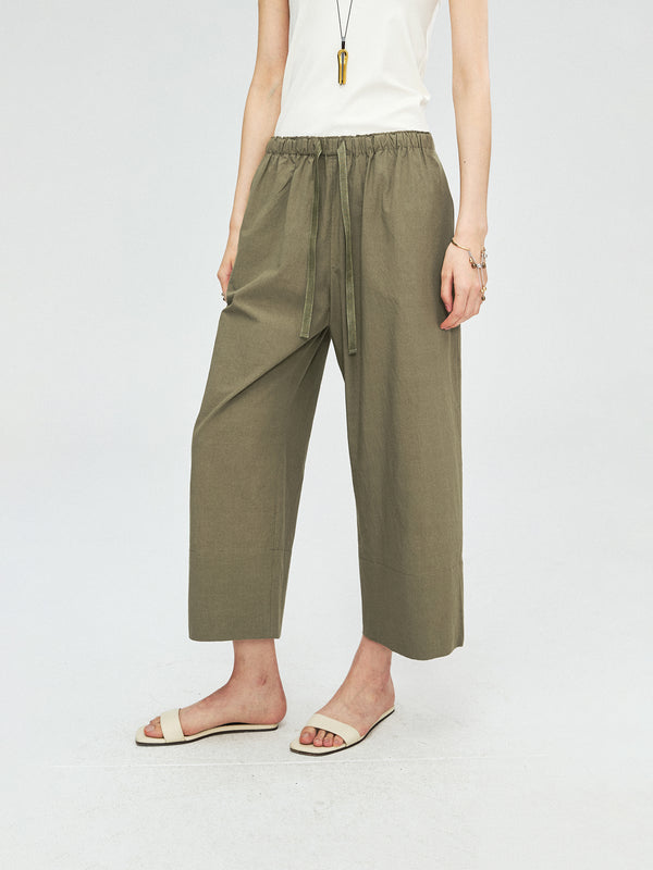 American Pima Salt-Shrunk Wide-Leg Pants | Drawstring Elastic Waist | Cropped Wide-Leg Cut | Women Trousers | MRS Studios