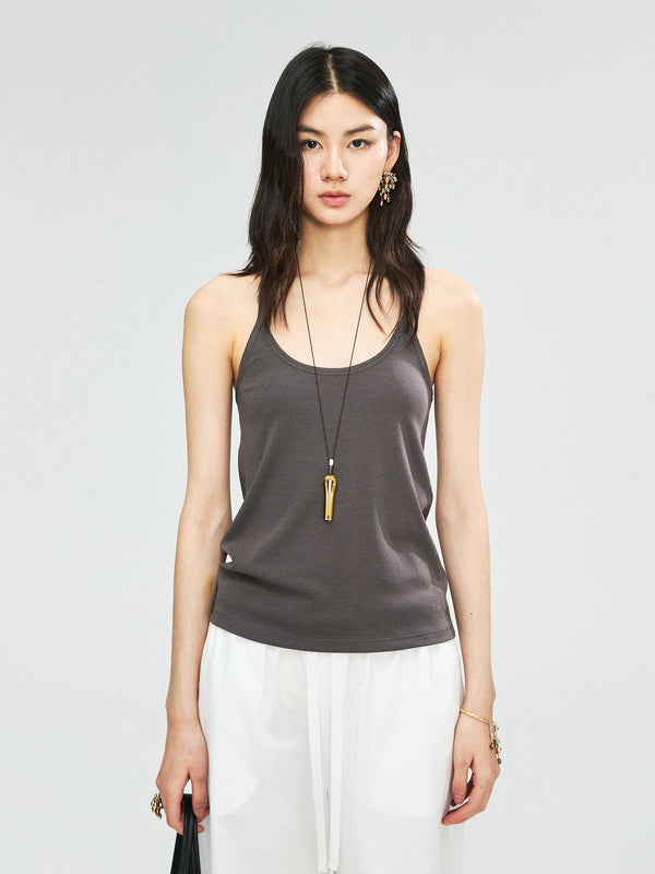 Lyocell Cotton Ribbed Halter Tank | Narrow Racer Strap | 1x1 Rib Knit Texture | Women Top | MRS Studios