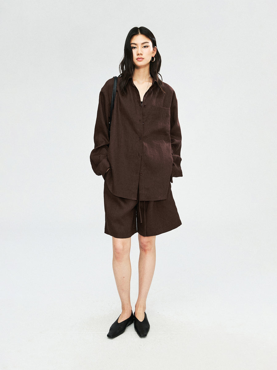 French Linen Shirt and Shorts Set | Drop-Shoulder Camp Collar | Drawstring Elastic Waist Shorts | Women Set | MRS Studios