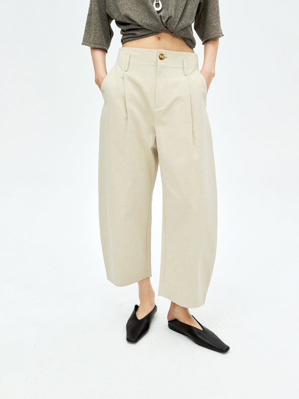 Vintage Linen Straight-Leg Trousers | Curved Banana-Cut Silhouette | Cropped 9/10 Length | Women Trousers | MRS Studios