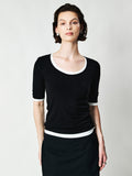 Acetate Mulberry Silk Ribbed Tee | Wide Round Neck | Mid Sleeve Slim Fit | Women Top | MRS Studios
