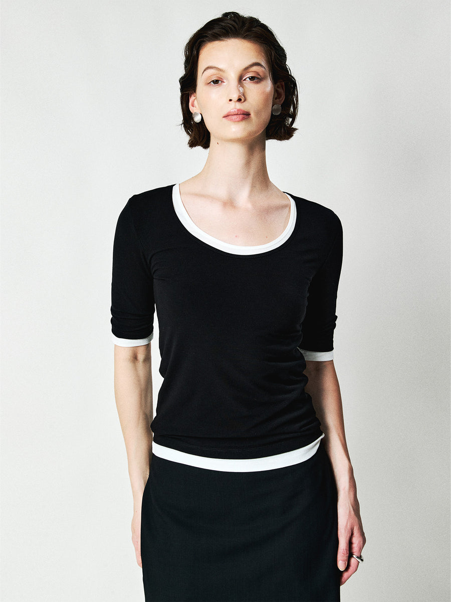 Acetate Mulberry Silk Ribbed Tee | Wide Round Neck | Mid Sleeve Slim Fit | Women Top | MRS Studios