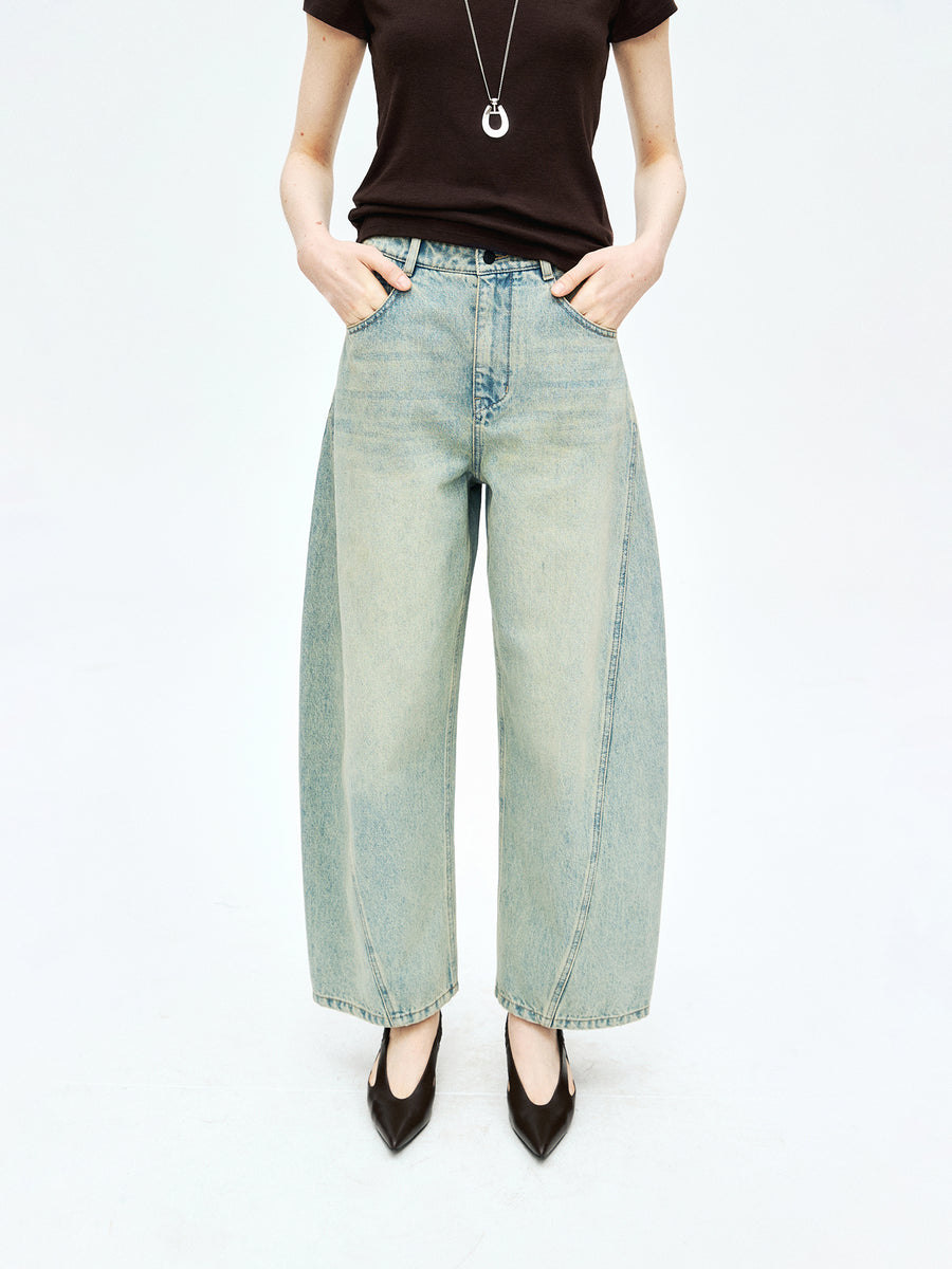Wide Leg Bossa Cotton Denim Jeans | Vintage Wash with Side Arc Panels | Deconstructed Relaxed Fit | MRS Studios