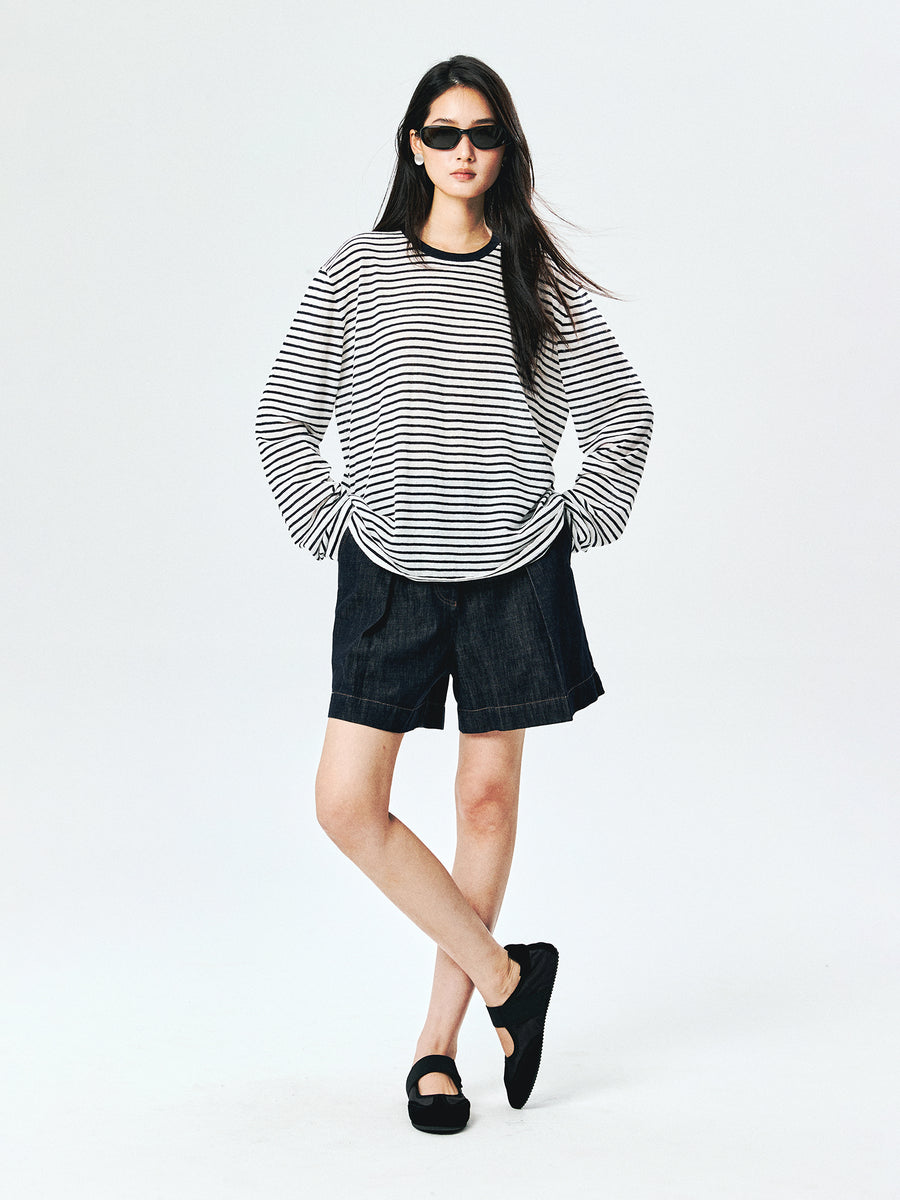 Linen-Cotton Knit Overshirt | Breathable Sun Protection | Relaxed Drop-Shoulder Stripe | Women Top | MRS Studios