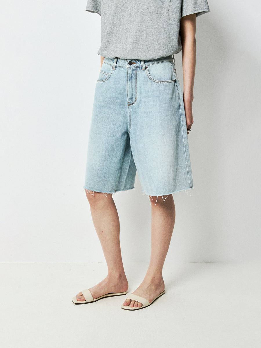 Long-Staple Cotton Bermuda Denim Shorts | Stone-Washed Vintage Finish | Hand-Frayed Hem | Women Jeans | MRS Studios
