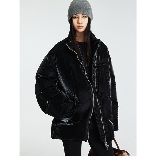 Short Glossy Down Puffer Jacket | Stand Collar with Two-Way Zip | Futuristic Design | Shiny Black Winter Coat | MRS Studios