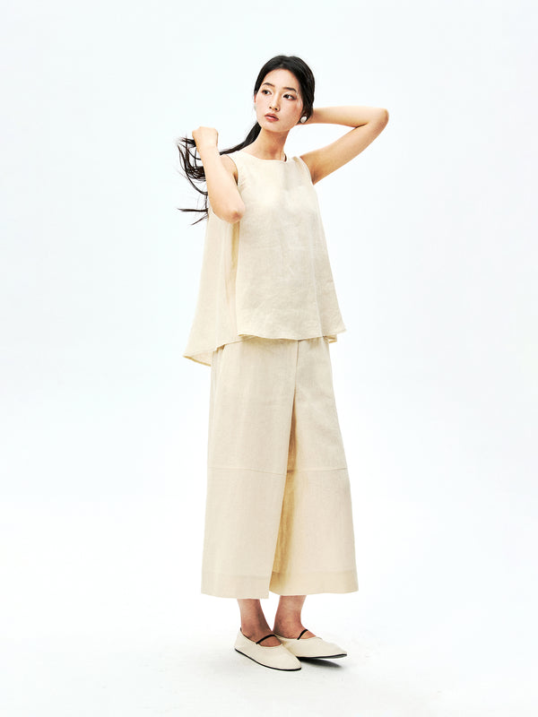 Linen Vest and Culottes Set | Wide-Leg Cropped | Half-Elastic Drawstring Waist | Women Set | MRS Studios