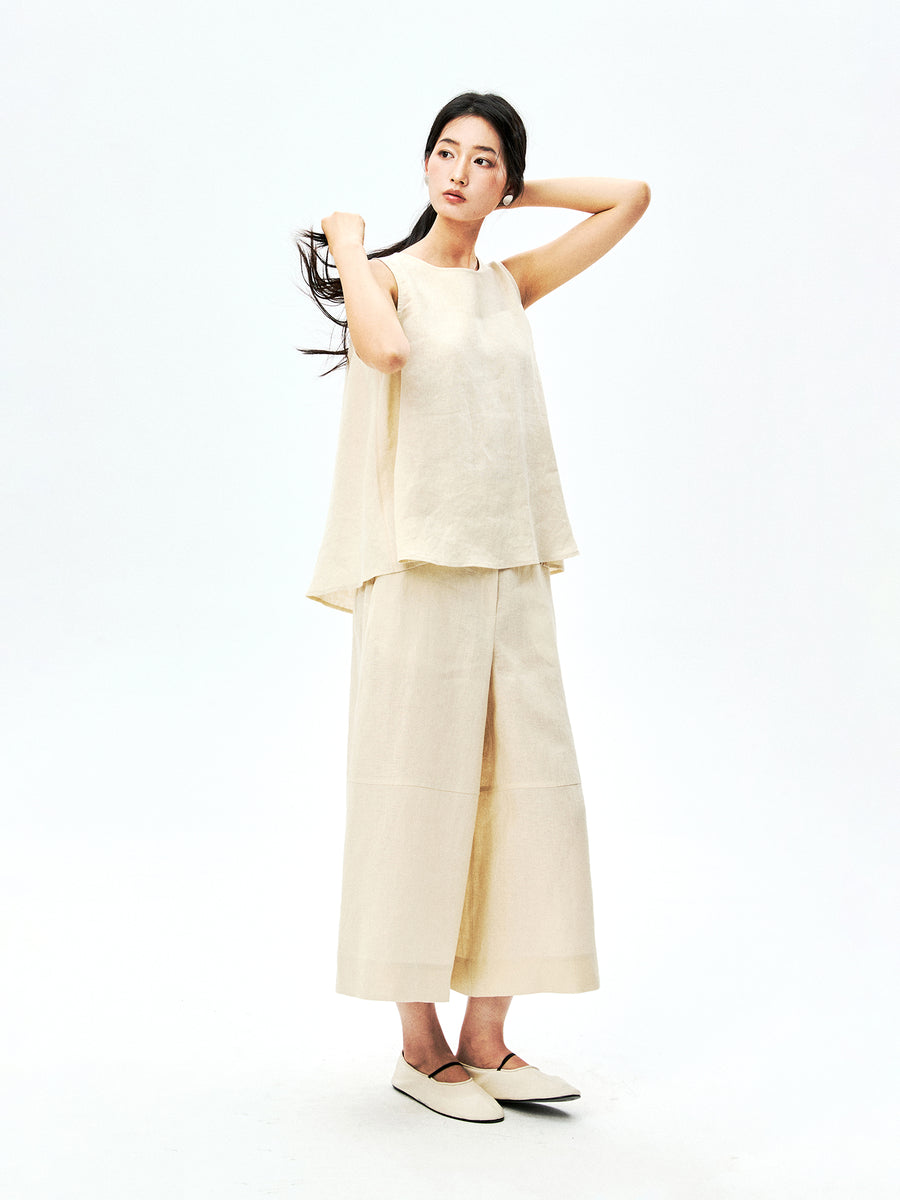 Linen Vest and Culottes Set | Wide-Leg Cropped | Half-Elastic Drawstring Waist | Women Set | MRS Studios
