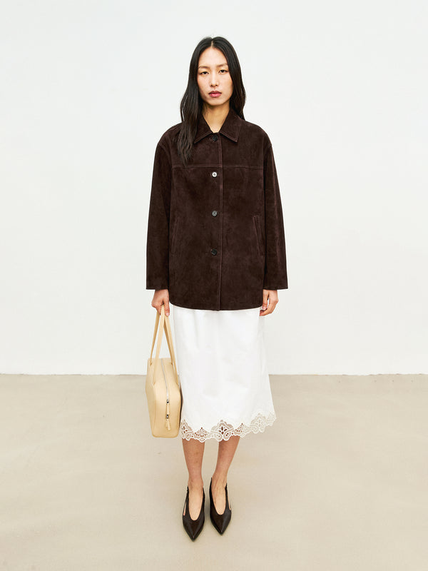 Saudi Suede Sheepskin Jacket | Lapel Collar Single-Breasted | Premium Reversed Leather | Women Jacket | MRS Studios