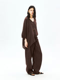 French Linen V-Neck Batwing Cape Blouse | Drop-Shoulder A-Line | Hi-Low Curved Hem | Women Top | MRS Studios