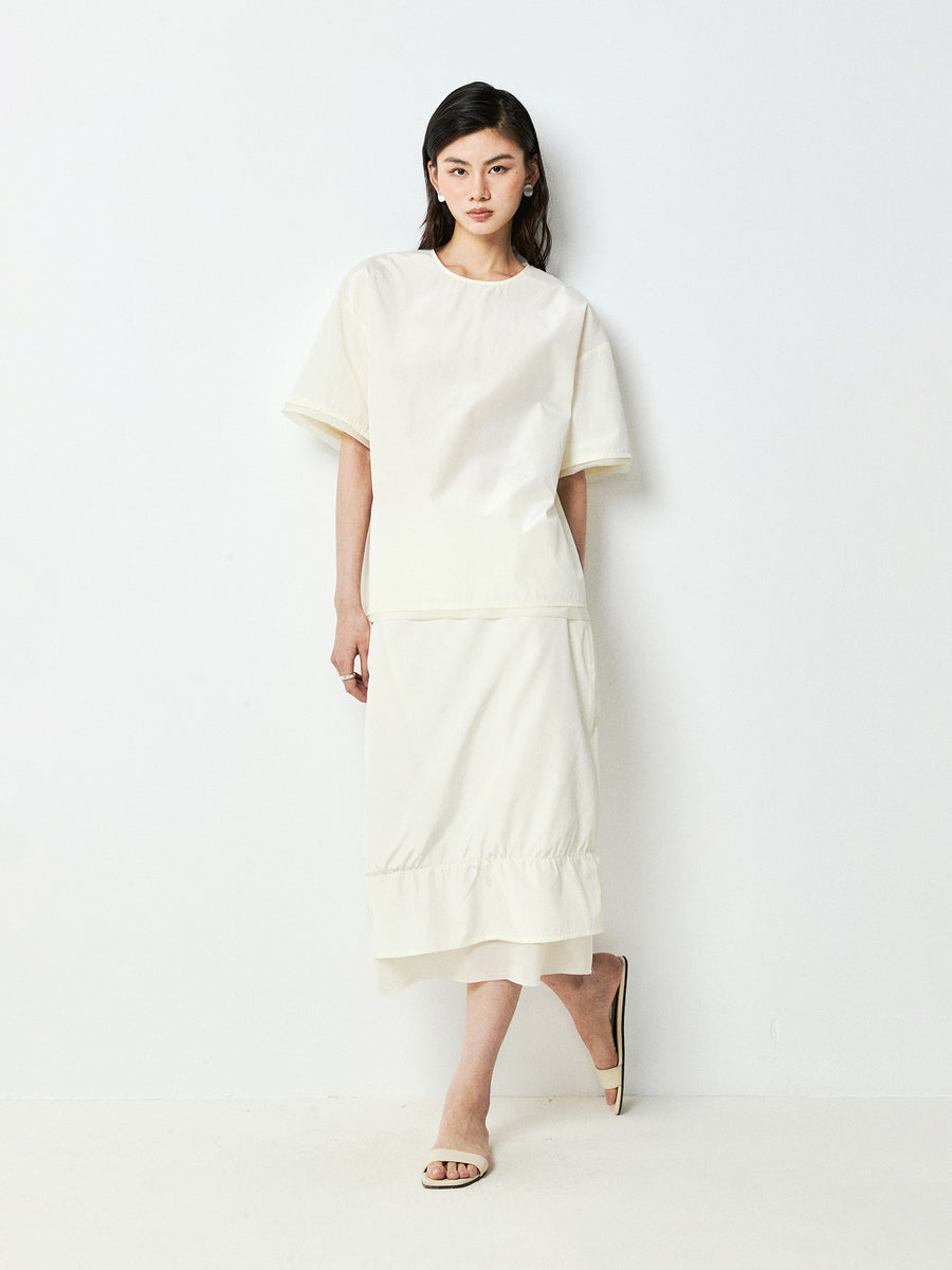 Silk-Sheen Cotton Blend Top and Skirt Set | Cupro-Panel Raw Edges | Round-Neck Drop Shoulder | Women Set | MRS Studios