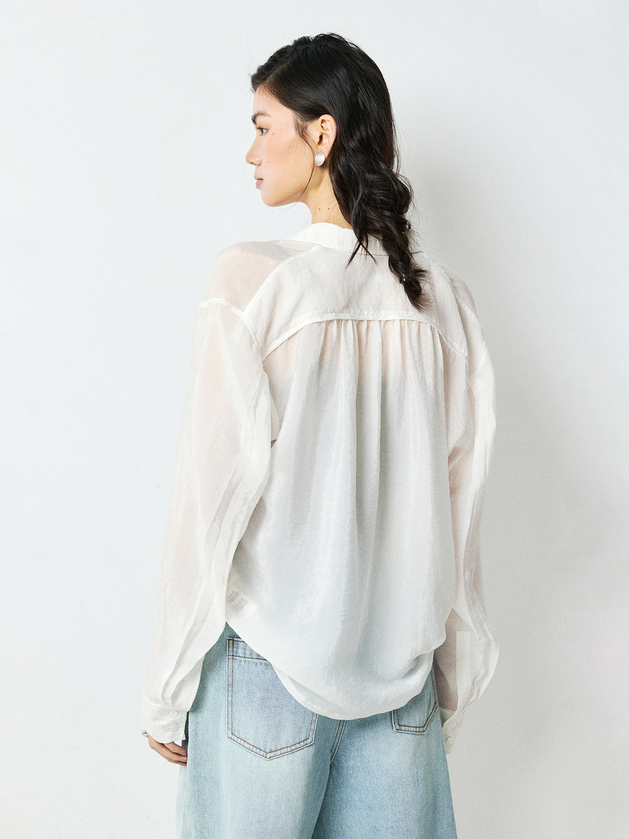 Lyocell Cupro Sheer Sun-Protection Shirt | Back-Shirred Detail | Micro-Crinkle Texture | Women Shirt | MRS Studios