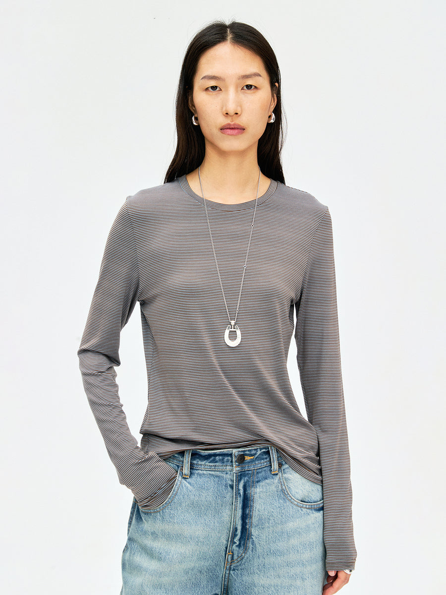 Japanese Lyocell Pinstripe Base Top | Long Sleeve Slim Fit | Soft Breathable | Women Tops | MRS Studios