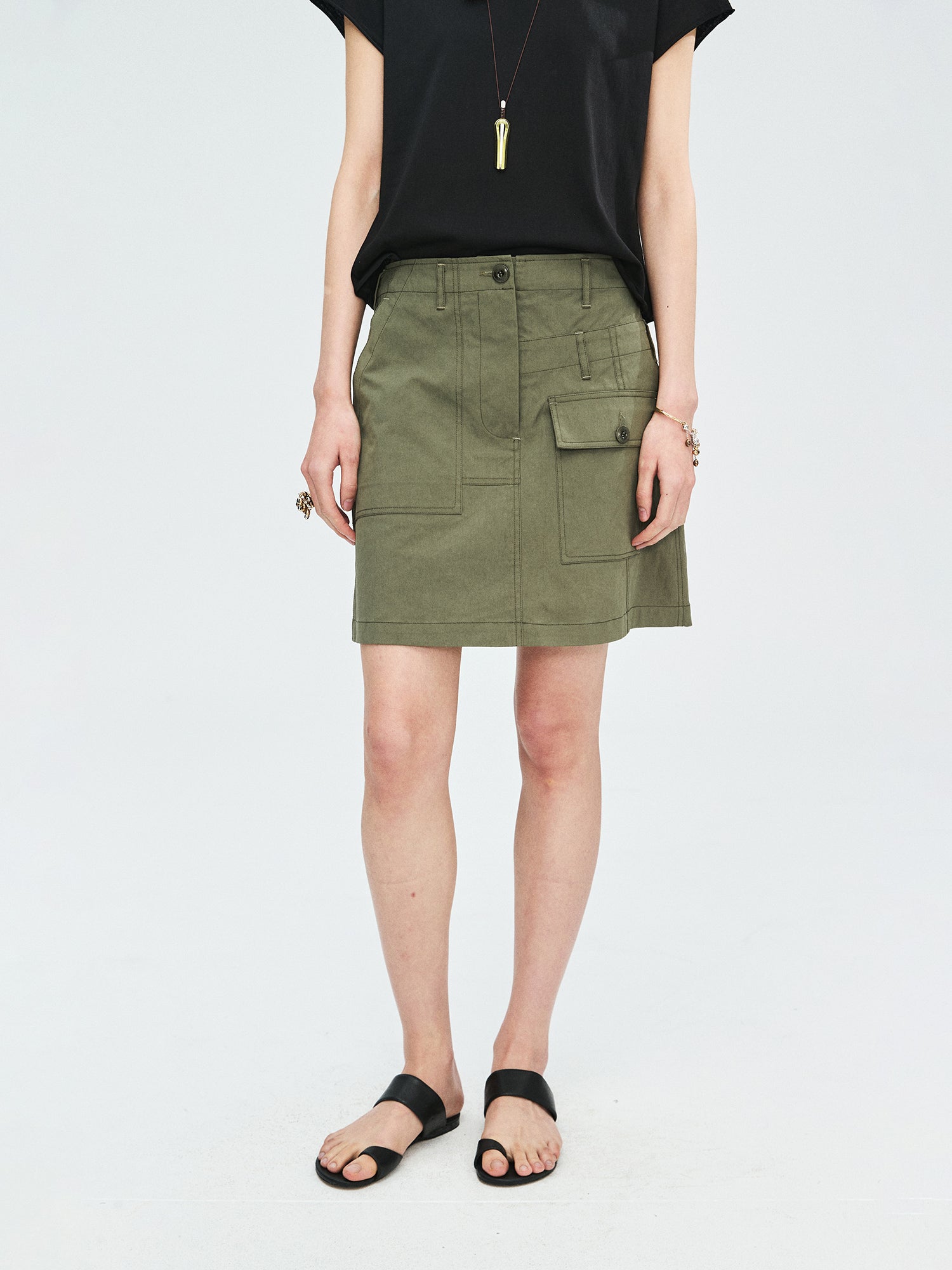 Cotton Nylon Canvas Utility A-Line Skirt | Asymmetric Pocket Design | High-Waist Flattering Cut | Women Skirt | MRS Studios