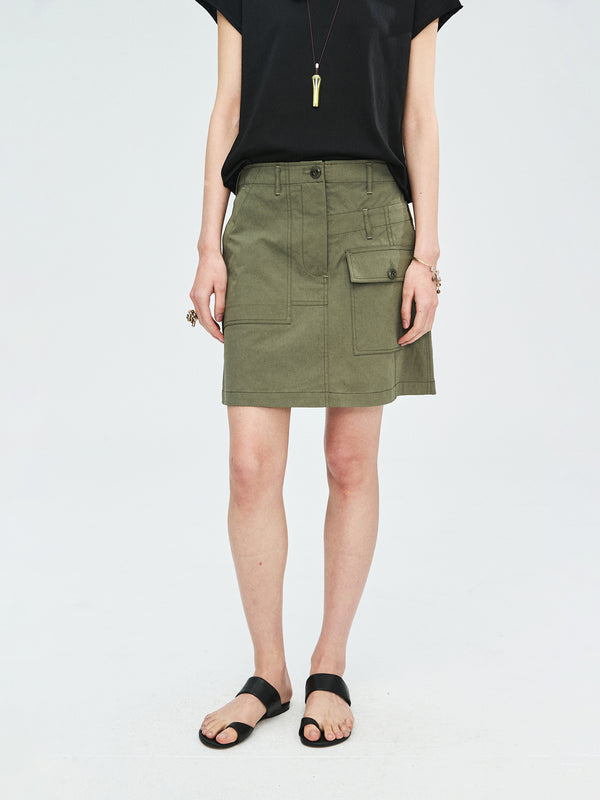 Cotton Nylon Canvas Utility A-Line Skirt | Asymmetric Pocket Design | High-Waist Flattering Cut | Women Skirt | MRS Studios