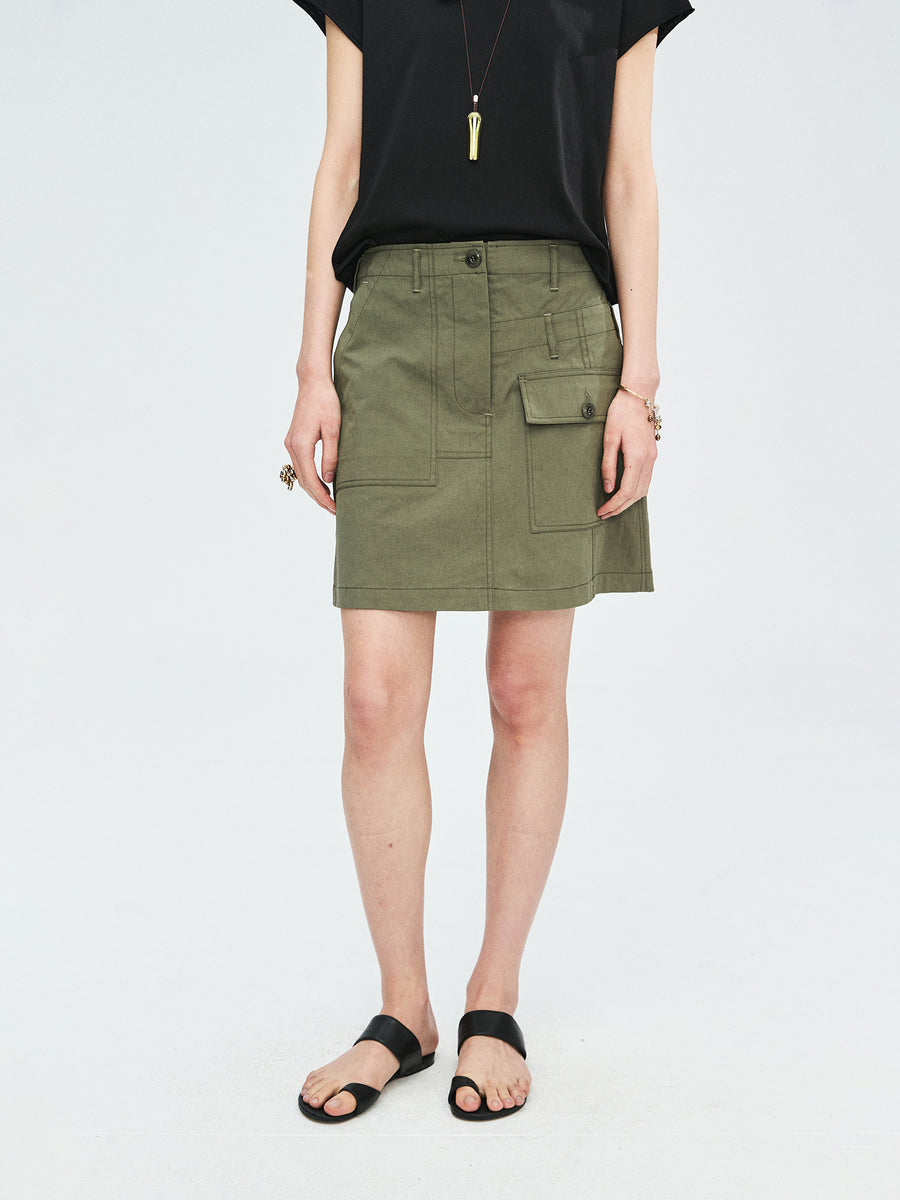 Cotton Nylon Canvas Utility A-Line Skirt | Asymmetric Pocket Design | High-Waist Flattering Cut | Women Skirt | MRS Studios