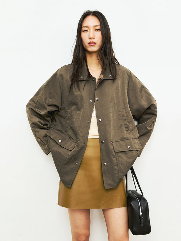 Reversible Nylon Utility Jacket | Japanese Plaid Cotton Reverse | Two-Way Workwear Design | Women Jacket | MRS Studios