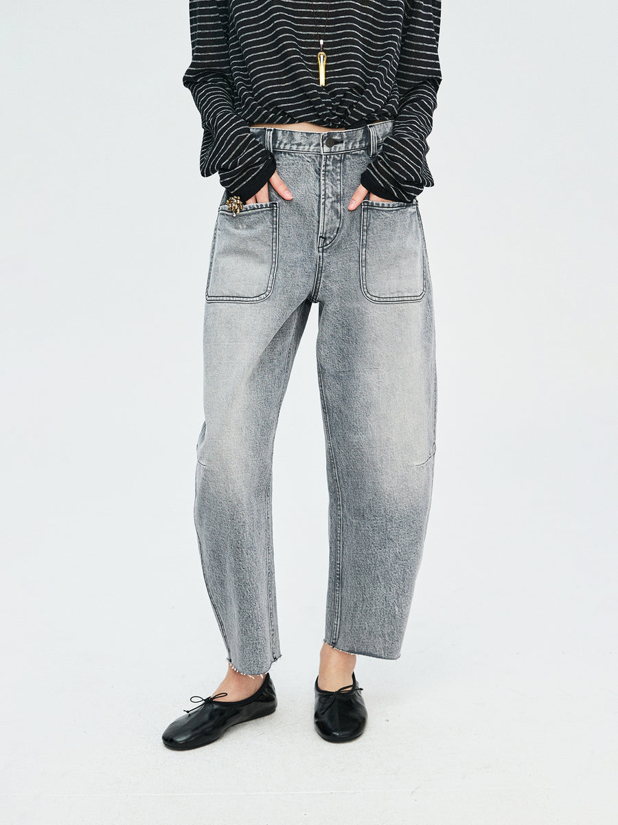 Turkish Bossa Curved-Leg Jeans | Double Patch Pockets | Raw Frayed Hem Workwear | Women Jeans | MRS Studios