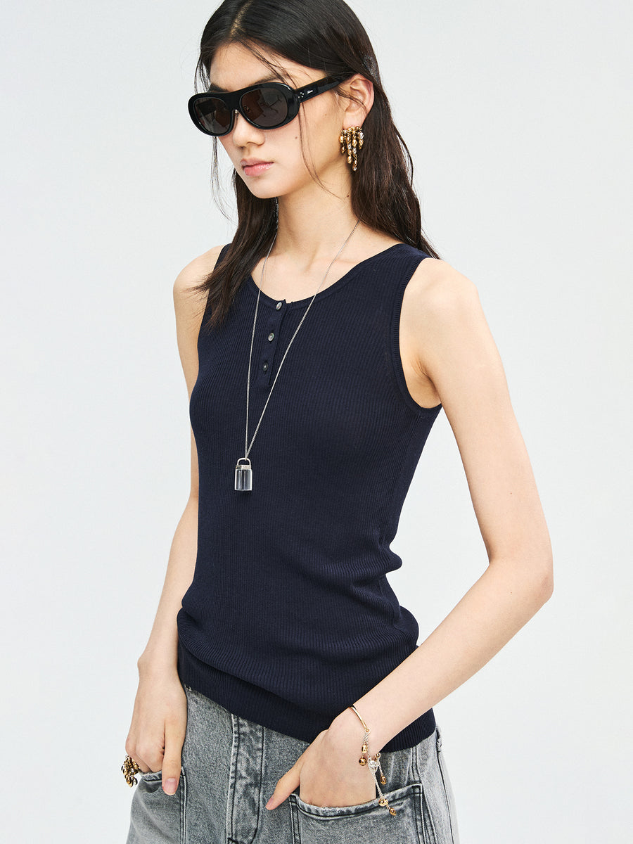Tencel Cotton Silk Henley Tank | 2x2 Ribbed Texture | Mother-of-Pearl Buttons | Women Top | MRS Studios