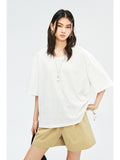 Wide U-Neck Slub Cotton T-Shirt | Dry-Touch Snowflake Cotton | Relaxed Oversized Fit | Women Top | MRS Studios