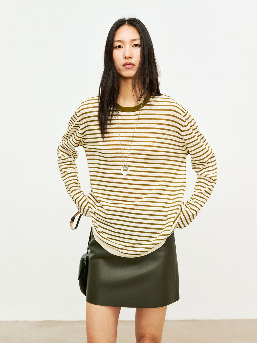 Linen Cotton Blend Striped Knit Pullover | Airy Sun-Protection Layer | Crew Neck Long Sleeve | Women Knitwear | MRS Studios