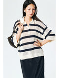 Washi Paper Yarn Knit Polo | Open-Mesh Stripes | Drop-Shoulder Mid-Sleeve | Women Knitwear | MRS Studios
