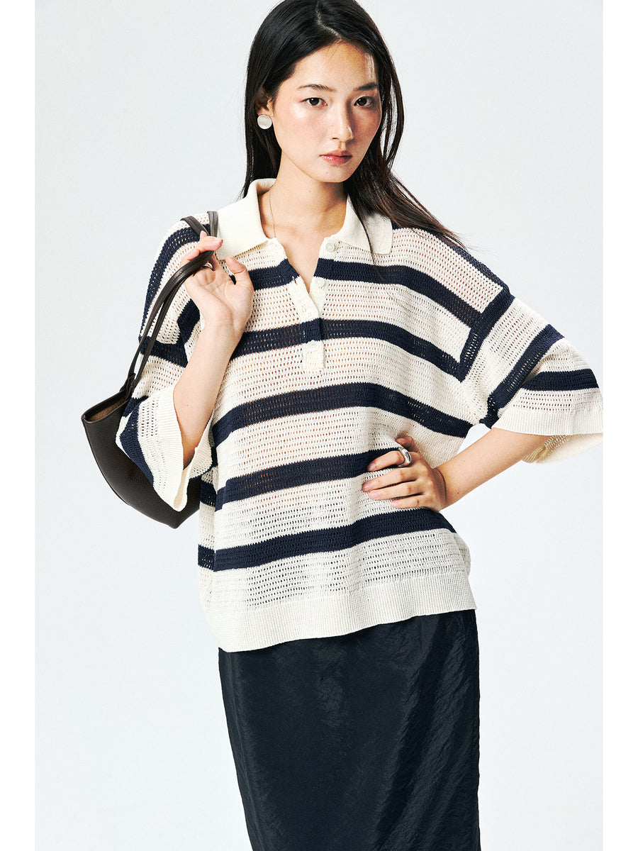 Washi Paper Yarn Knit Polo | Open-Mesh Stripes | Drop-Shoulder Mid-Sleeve | Women Knitwear | MRS Studios