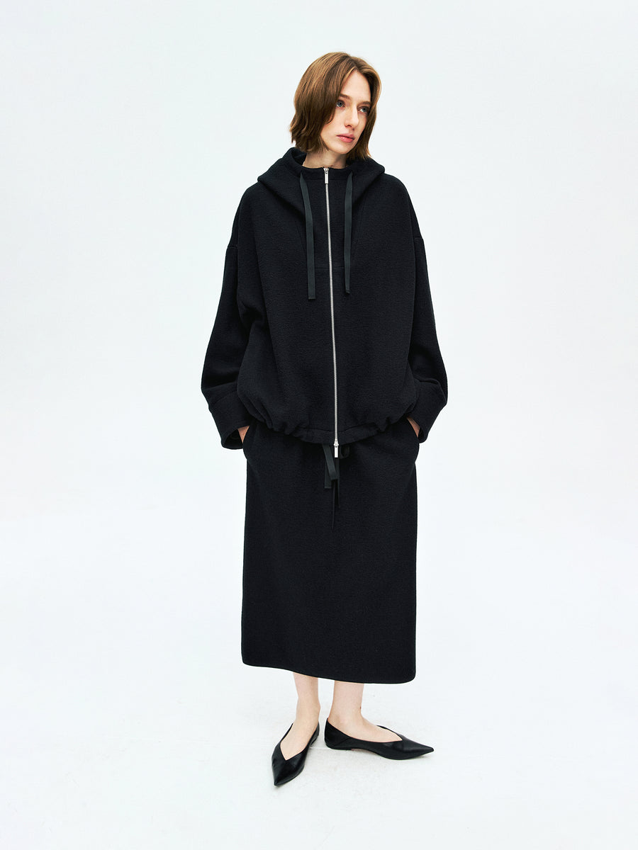 Crinkled Wool–Cotton Zip Hoodie | Relaxed Drop-Shoulder Fit | Women Hoodie | MRS Studios
