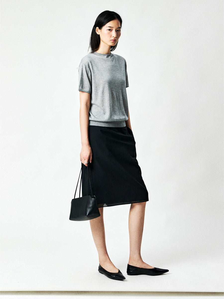 Consinee Lyocell Cashmere Knit Top | Rolled-Edge Funnel Neck | Short Sleeve | Women Knitwear | MRS Studios