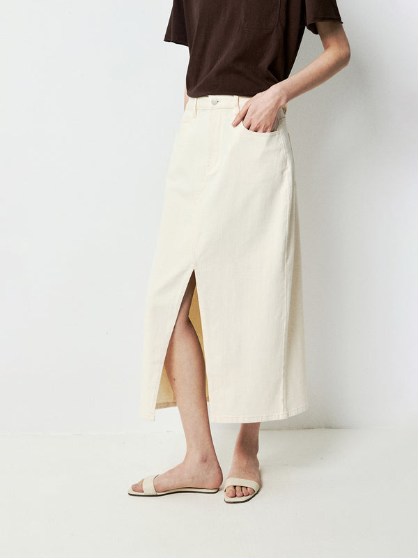 Washed Cotton Denim Skirt | High-Waist Front Slit | Straight Vintage Silhouette | Women Skirt | MRS Studios