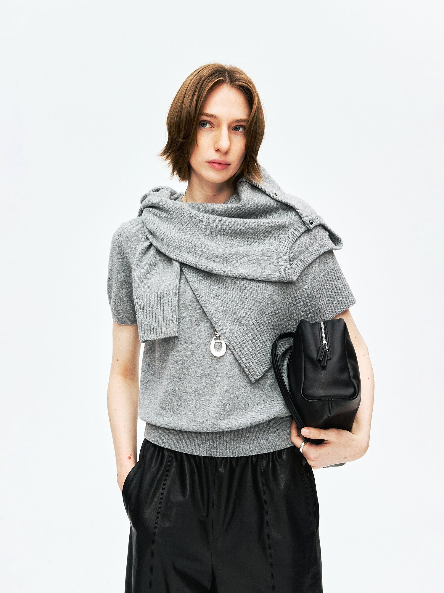 A-Grade Cashmere Knit Set | Short Sleeve Crew Neck Top & Pearl Button Cardigan | Women Knitwear | MRS Studios