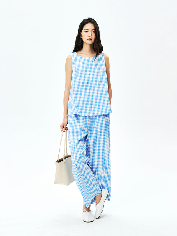 Japanese Cotton Gingham Set | Back-Slit A-Line Top | Wide-Leg Trousers | Women Top and Pants Set | MRS Studios