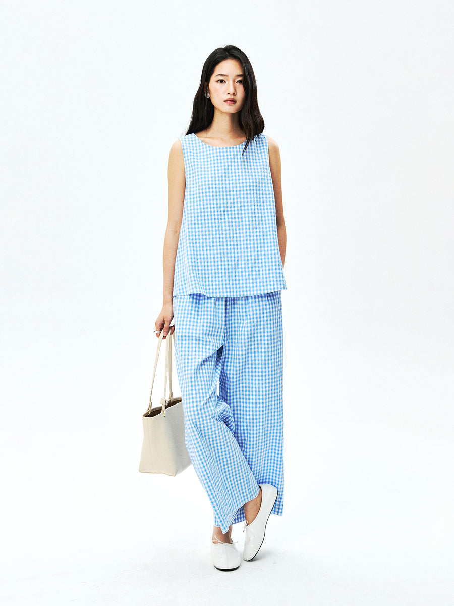 Japanese Cotton Gingham Set | Back-Slit A-Line Top | Wide-Leg Trousers | Women Top and Pants Set | MRS Studios
